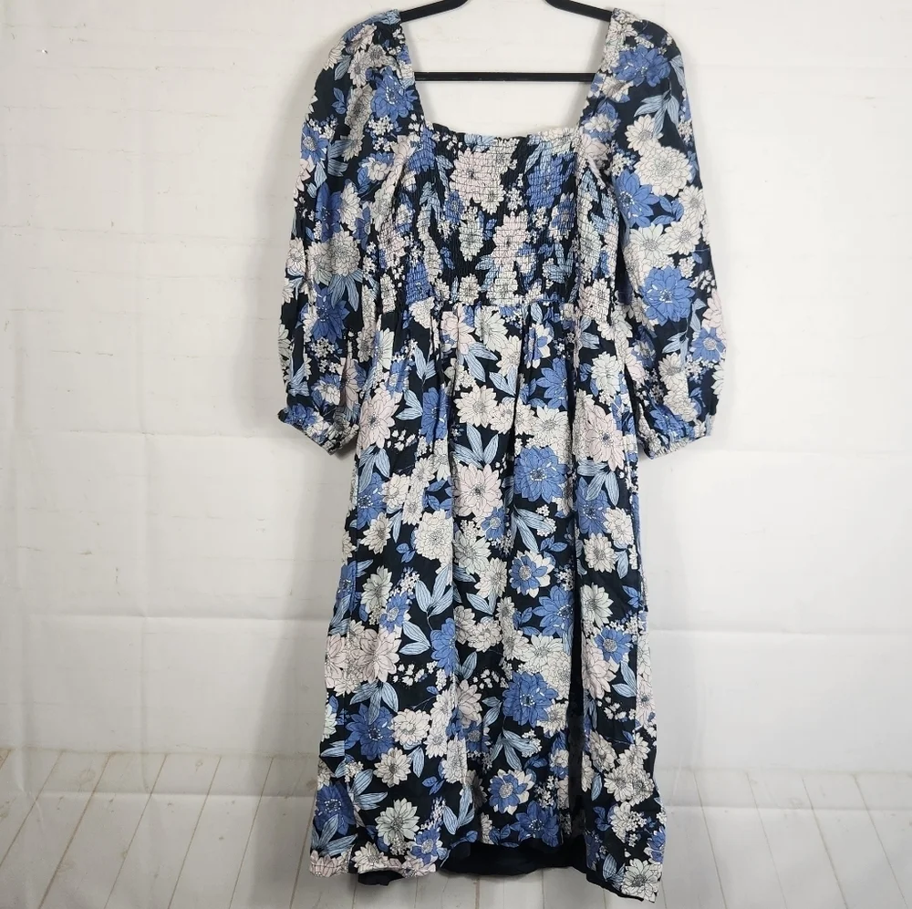 J.Crew 100% Linen Daydream Zinnia Floral Smocked Midi Dress Blue Medium